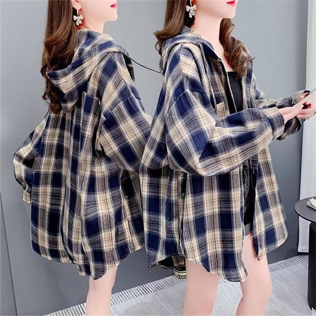 Desconto de marca roupas femininas contador comércio exterior primavera outono com capuz camisa xadrez estilo Harajuku s
