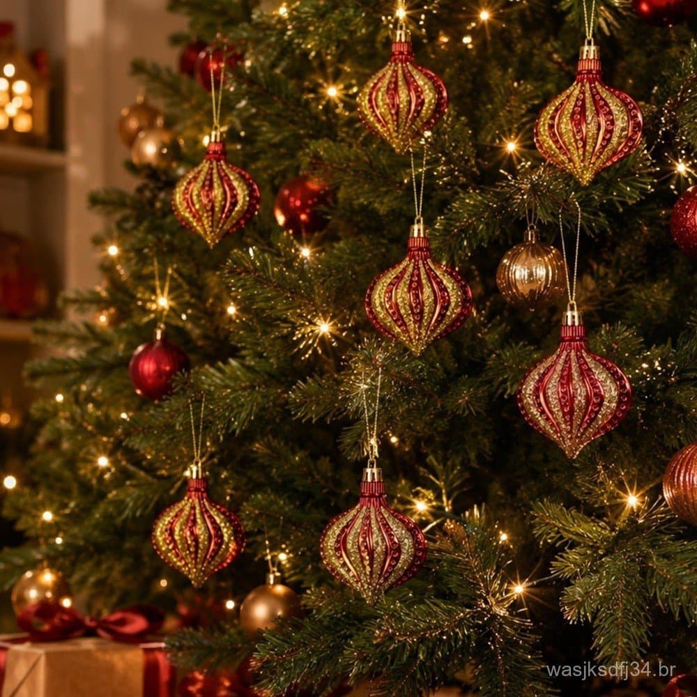 3 Pçs Árvore De Natal Pendurado Bola Ornamento Vintage Lágrima Plana Cebola Glitter Vermelho-Ouro Pingentes Navidad Fest