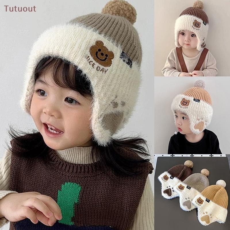 TUTU Chapéu de Proteção de Orelha de Pelúcia para Crianças 1-6 Anos, Chapéu de Inverno Quente Tricotado, Chapéu de Lã de