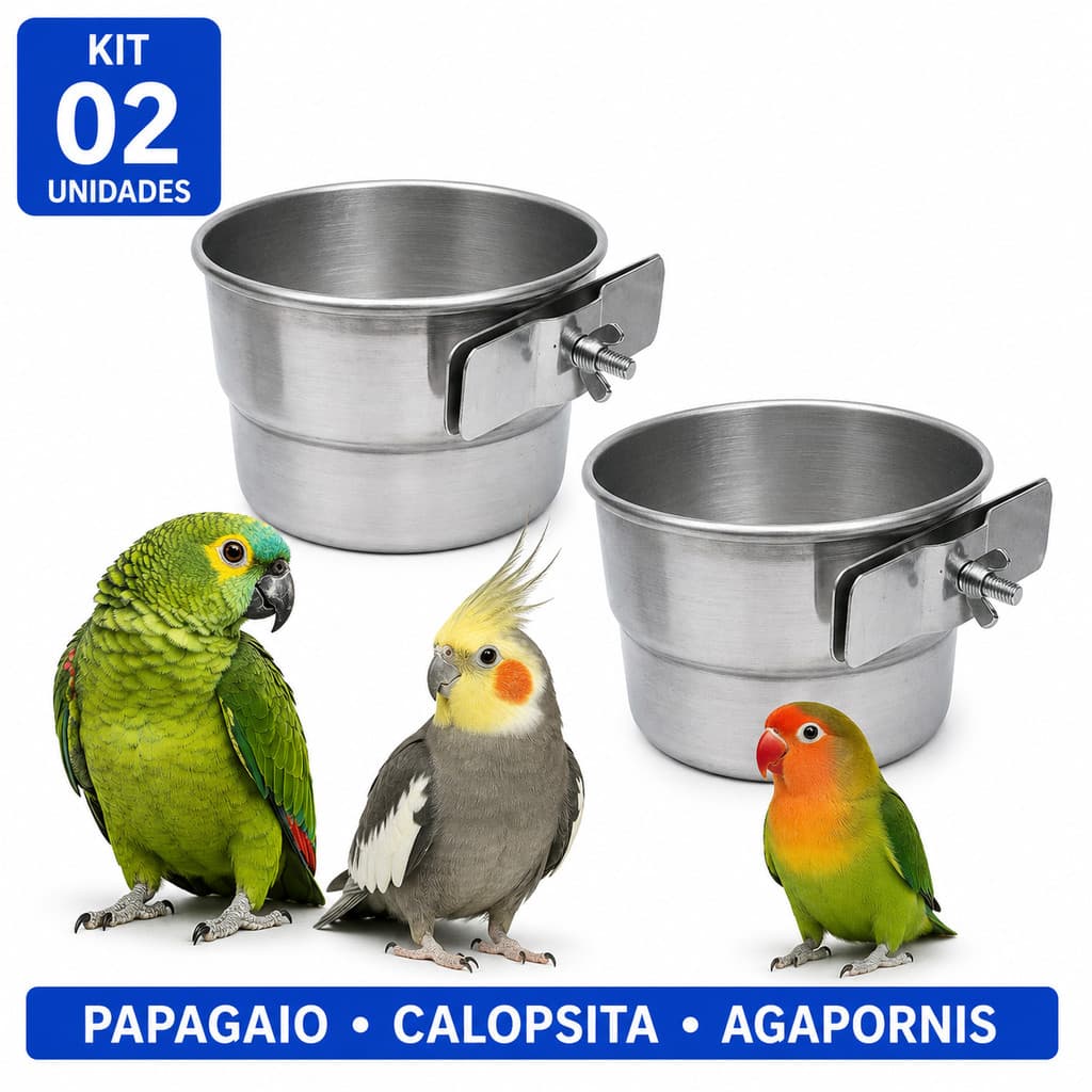 Kit 2 Caneca Alumínio Para Papagaio Calopsita Maritaca Loro Passáros Aves Com Borboleta P M G GG
