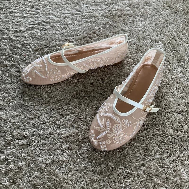 Sapatilhas Femininas de Balé com Design de Bordado em Rede e Aplicações de Pérolas, Fivela Fashion, Respirável, Estilo M
