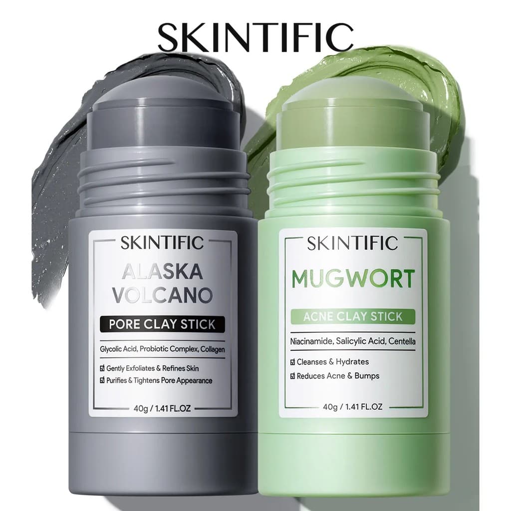 SKINTIFIC Clay Stick Combo de 2 Peças – Purificante de Artemísia / Detox Vulcânico / Iluminador para Tom Uniforme, Limpe