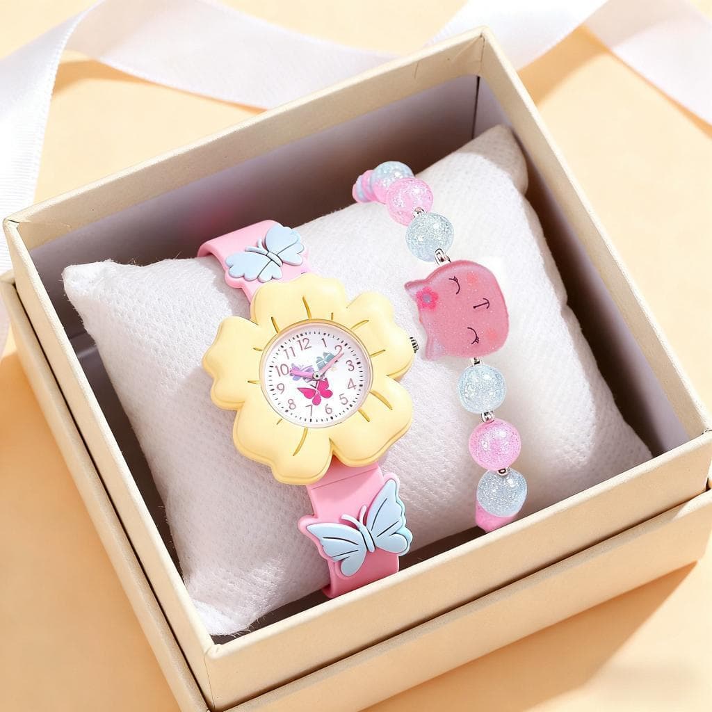 Relógio De Quartzo Infantil Com Flor E Borboleta De Desenho Animado 3D Pulseira De Silicone (Sem Caixa)