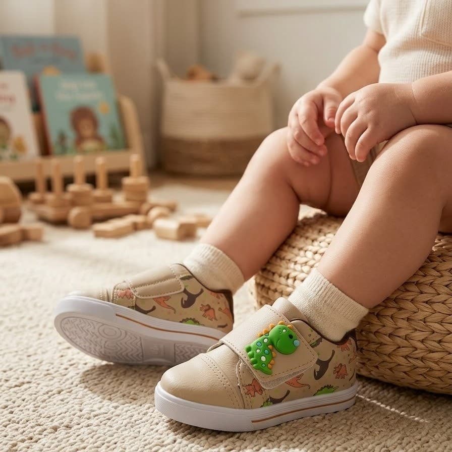Tênis Infantil Menino Bebê Dinossauro Dino Bege Velcro Moda Estilo Para Escola Conforto