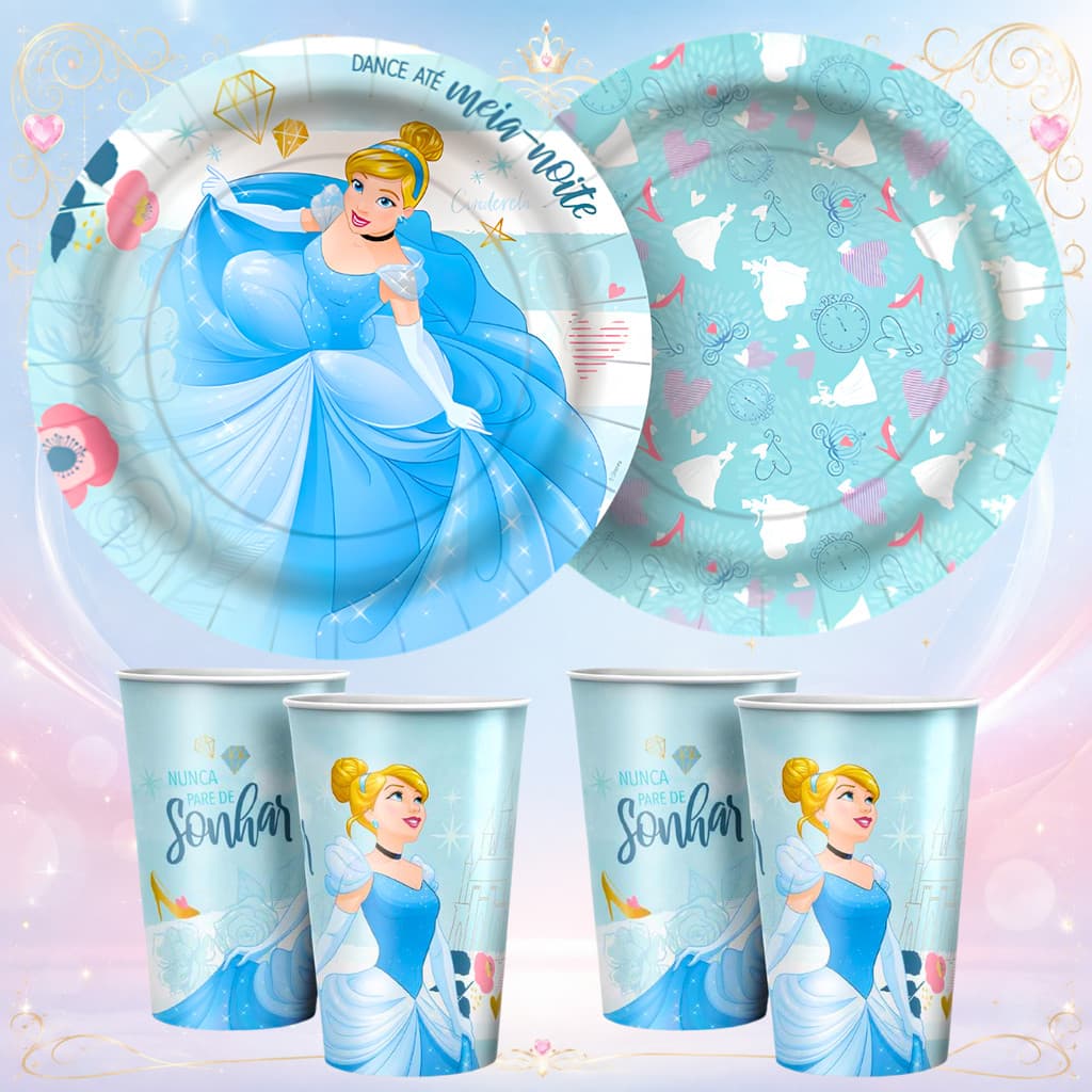 Kit Festa Cinderela Decoração Princesa Aniversário Infantil Pratos 18cm e Copos 180ml