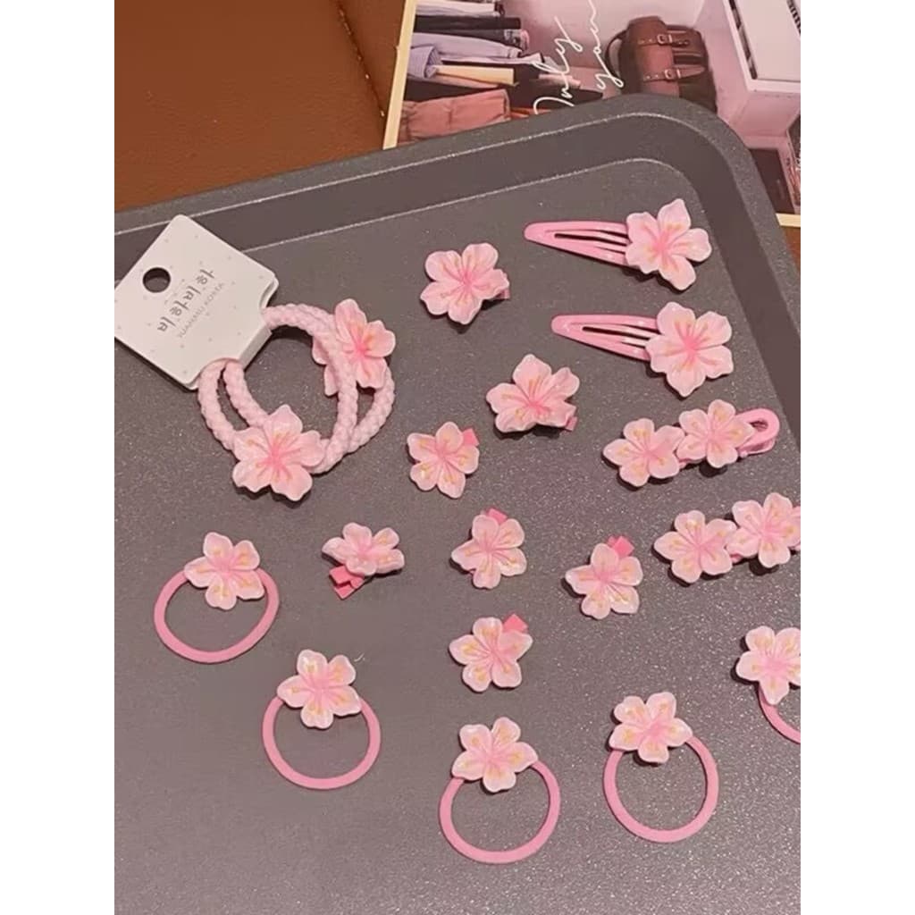 Clipe de flor de cerejeira rosa grampo de cabelo infantil faixa de borracha clipe lateral ondulado menina anel de cabelo
