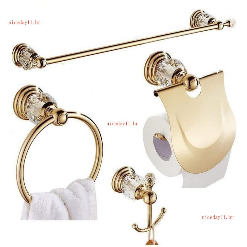 Acessórios de Banheiro em Cor Dourada: Suporte para Toalhas, Gancho de Cristal para Casacos, Barra, Suporte para Papel V