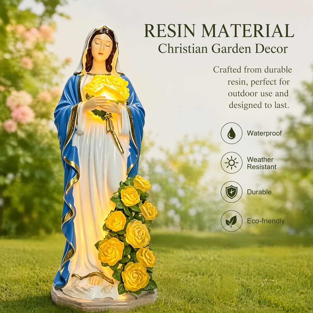 Estátua De Jardim Artesanal Nossa Senhora LED Luz Rosa Resina À Prova D'água Decoração Cristã Ao Ar Livre Presente De Pá