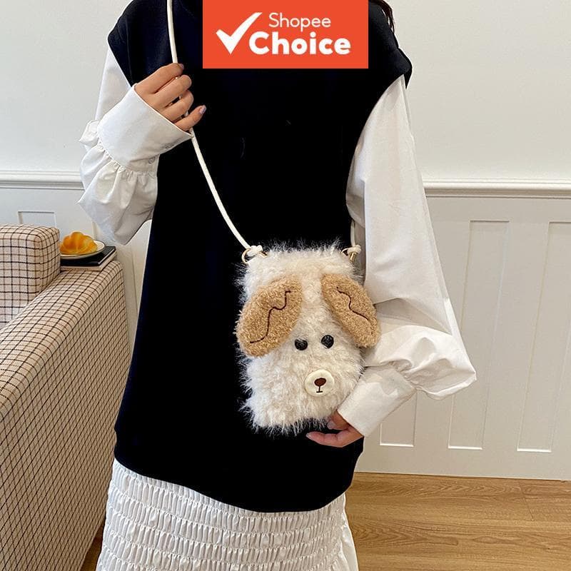 Bolsa tiracolo de pelúcia com desenho de cachorro fofo para mulheres, bolsa de ombro mini e fofa para moedas, casual