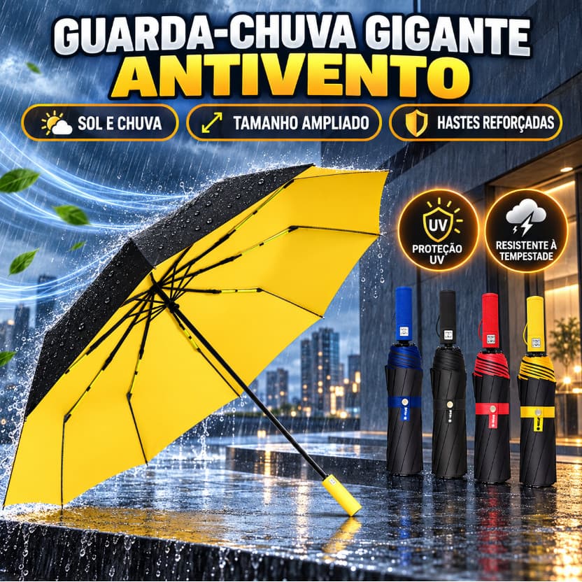 Guarda-Chuva Gigante Antivento Automático, Reforçado e Impermeável, com Varetas de Fibra para Sol e Chuva