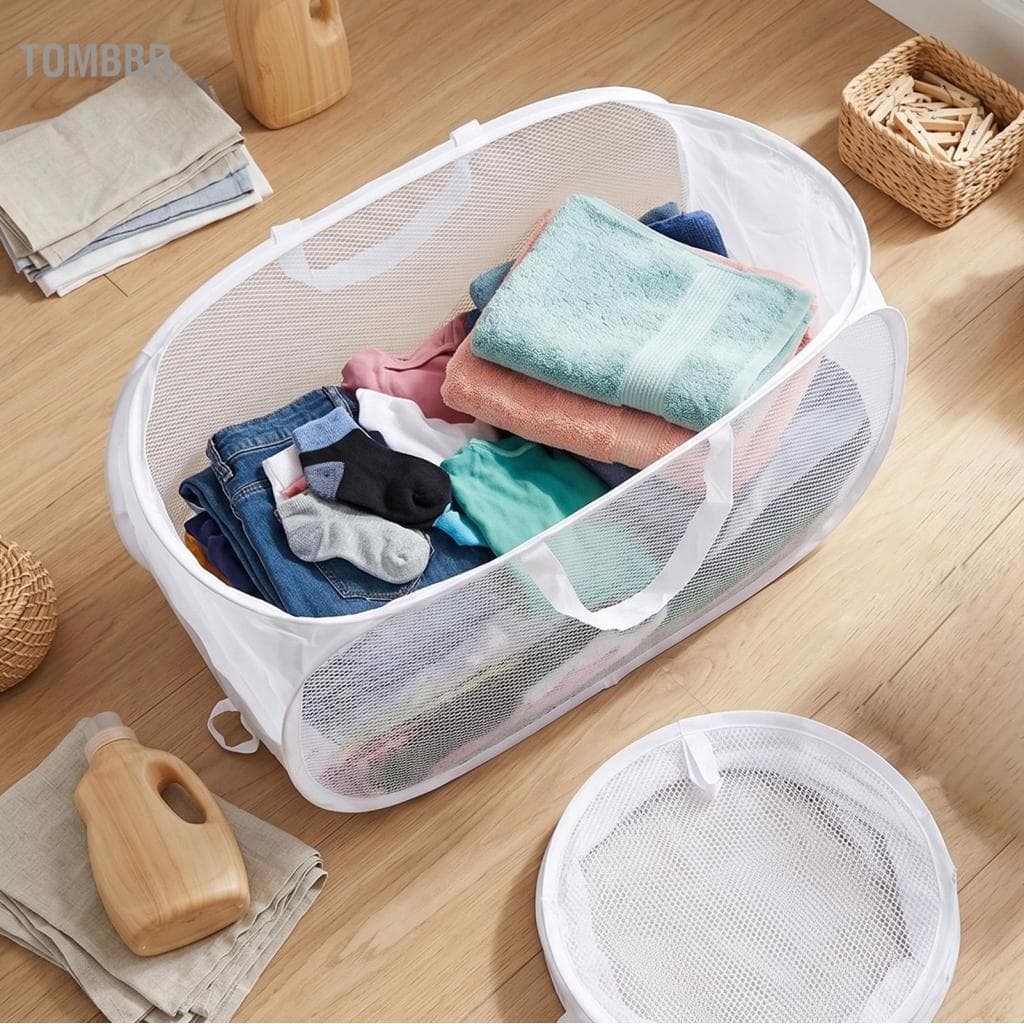 Tombbr Conjunto de cesto de roupa suja dobrável Sunydog com 3 cestos pop-up de malha leve com bolso lateral para roupas
