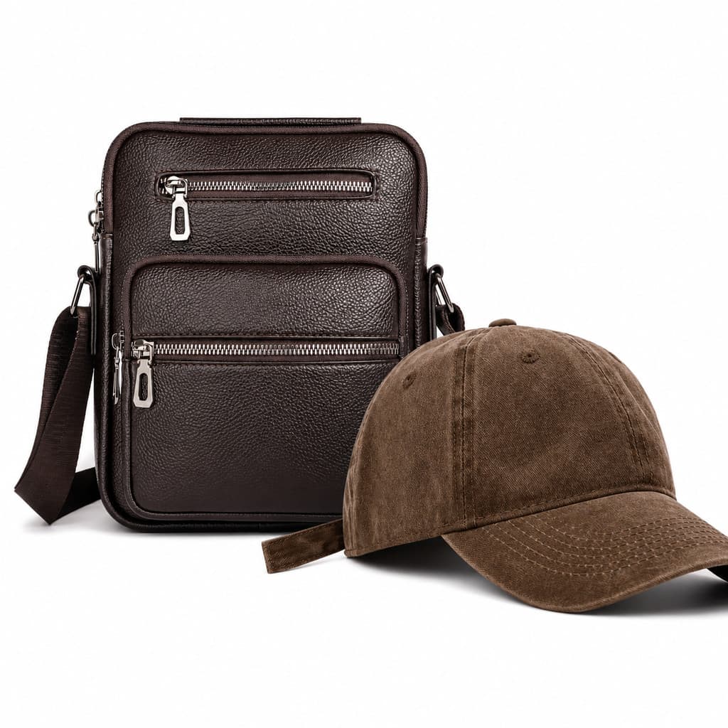 Bolsa Masculina Pochete Transversal Mais Boné Sarja Estornado Masculino Marrom