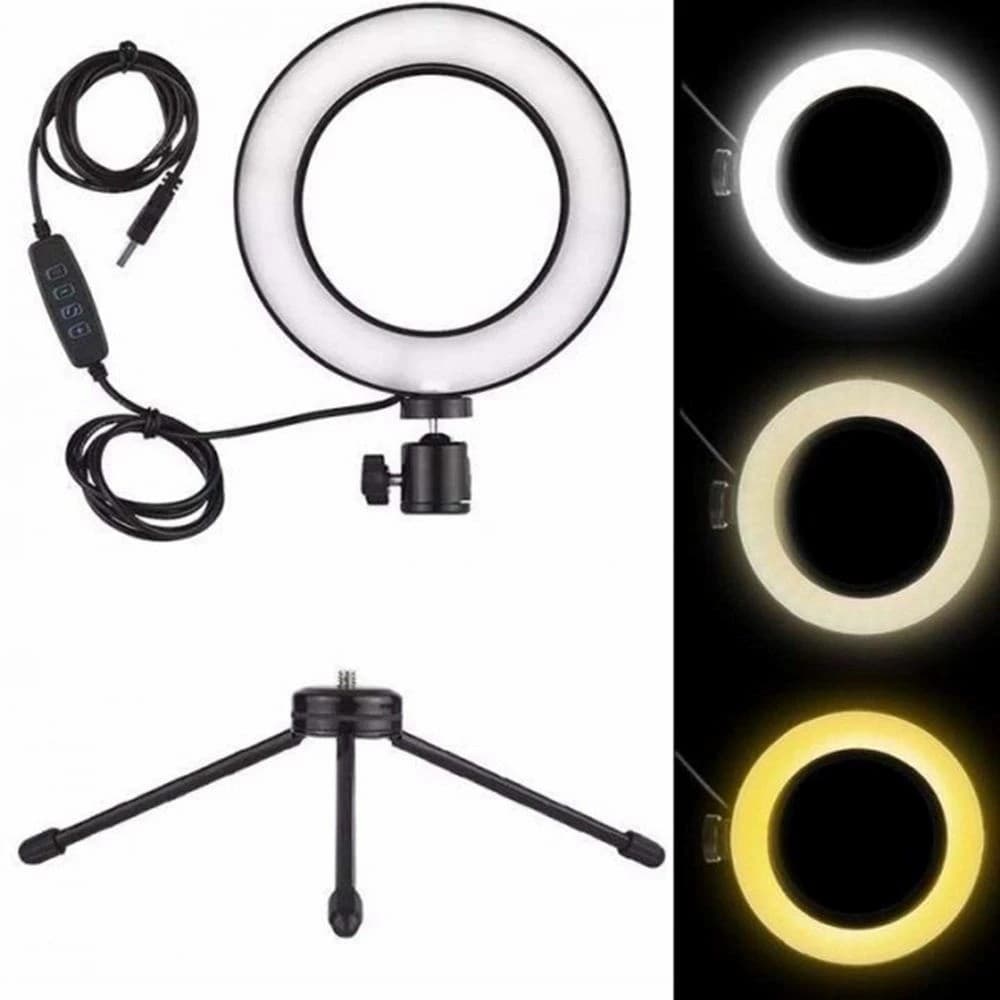 8 polegadas Ring Light LED com Tripé de Mesa e USB – Iluminação Profissional para Fotos e Vídeos