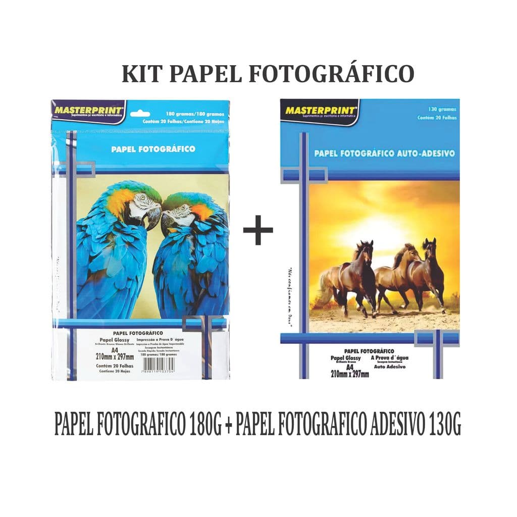 Papel Fotográfico 180g + Fotográfico Glossy Adesivo 130g Glossy Brilho A4  MASTERPRINT Promoção