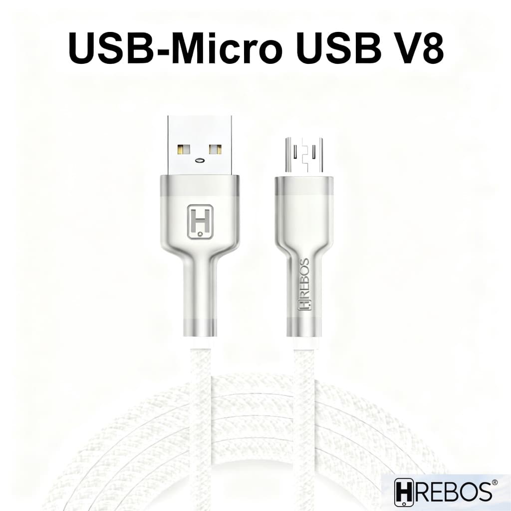 HREBOS Cabo Turbo Metal Waves 1 Metro Branco 18W Potência  USB Micro USB V8 CB-251V