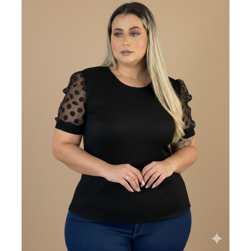 blusa feminina plus size elastano manga curta tule