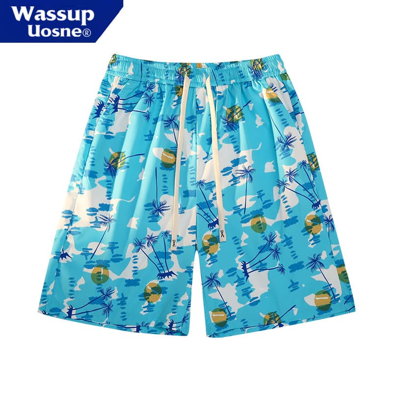 WASSUP Shorts de praia estilo havaiano masculino verão solto casa exterior usar estampa de coco estilo férias calças de