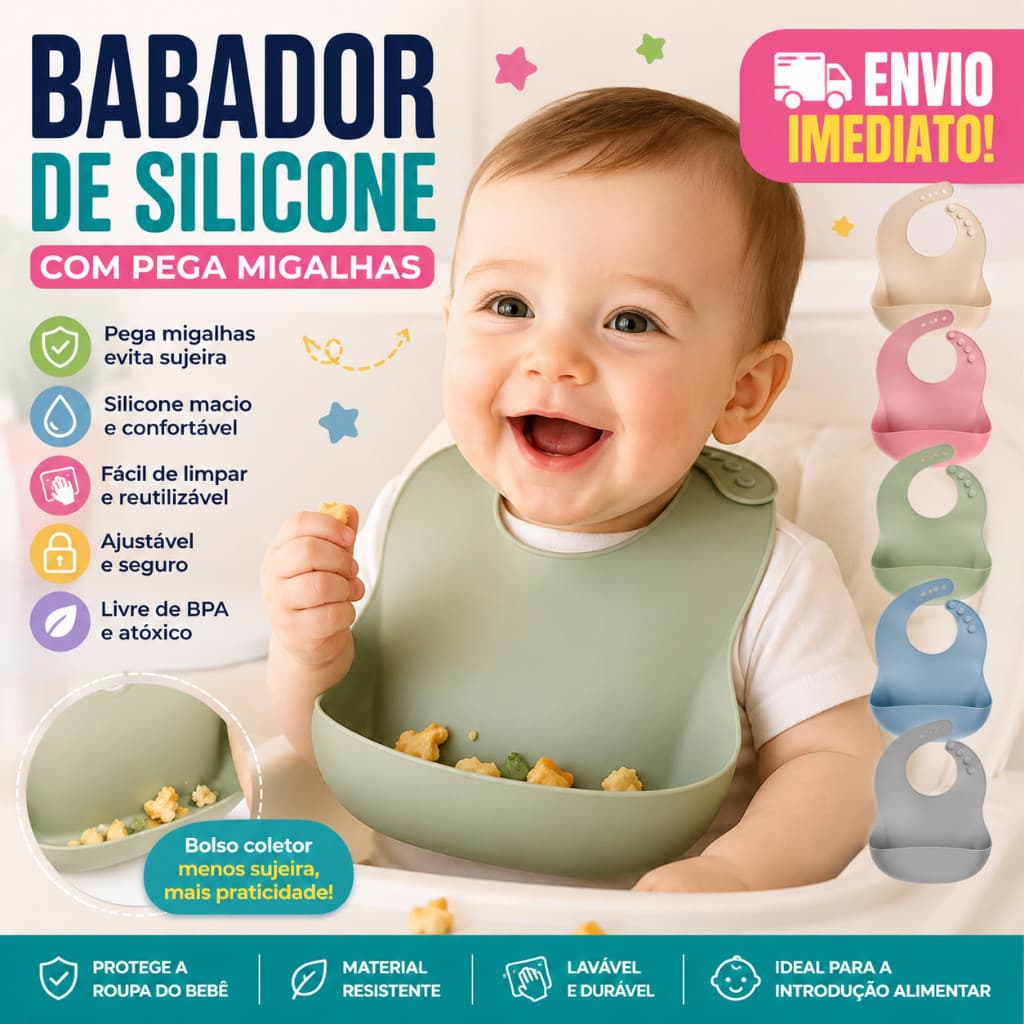 BABADOR DE SILICONE COM PEGA MIGALHAS – PRATICIDADE NA HORA DA ALIMENTAÇÃO - Envio Imediato
