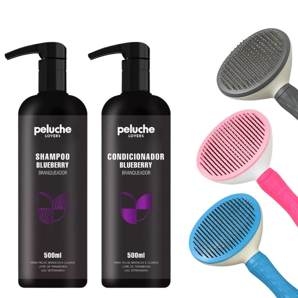 Kit Shampoo Branqueador Blueberry Peluche 500ml + Rasqueadeira Pet