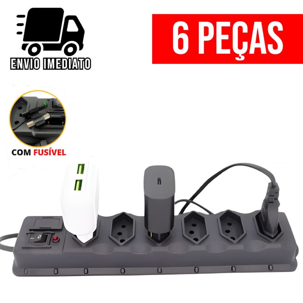 Kit 6 Filtro de Linha 6 Tomadas Régua de Tomada com Fusível Extensão Elétrica Bivolt Tripolar