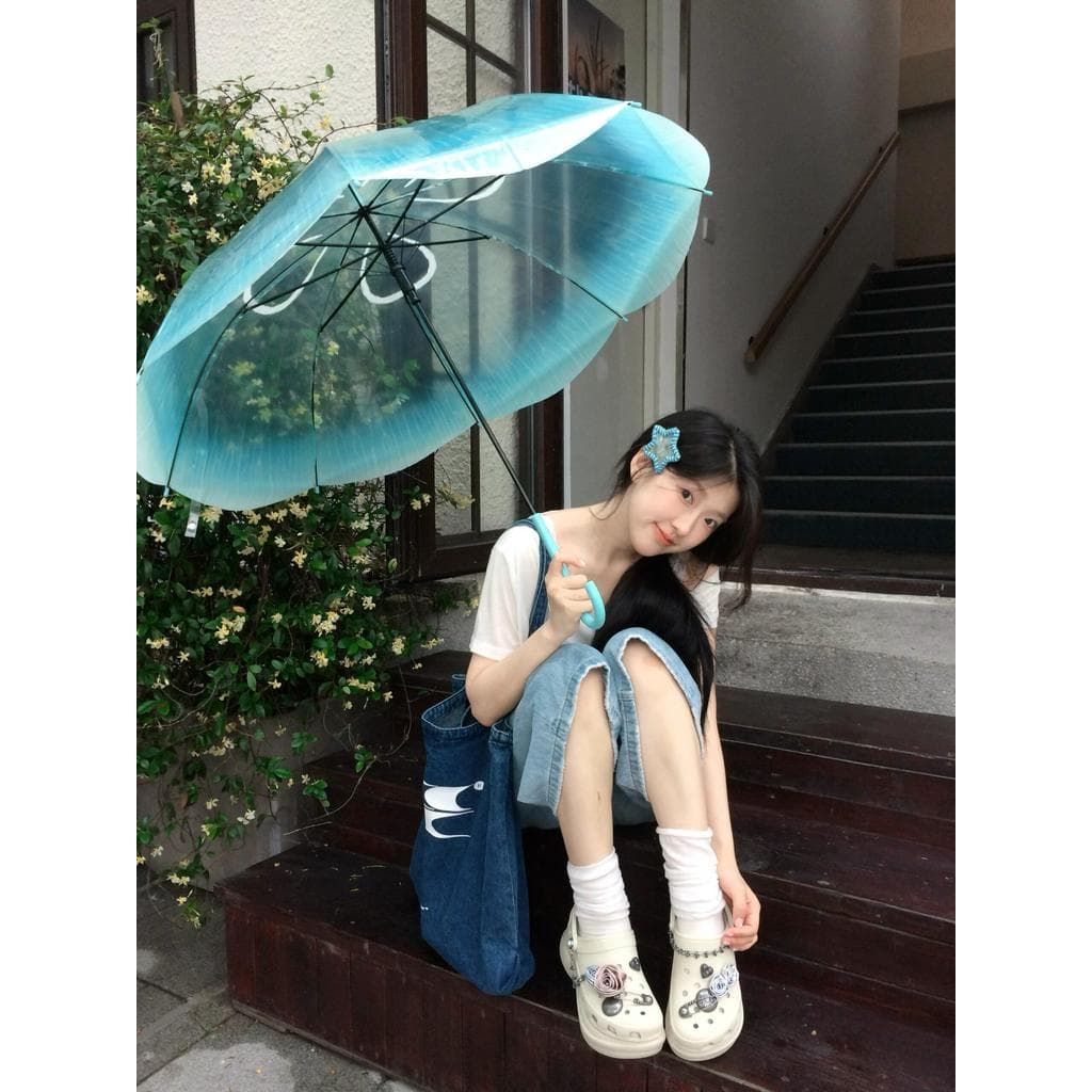 Transparente transparente azul água-viva guarda-chuva japonês bonito fresco portátil automático de cabo longo estudante
