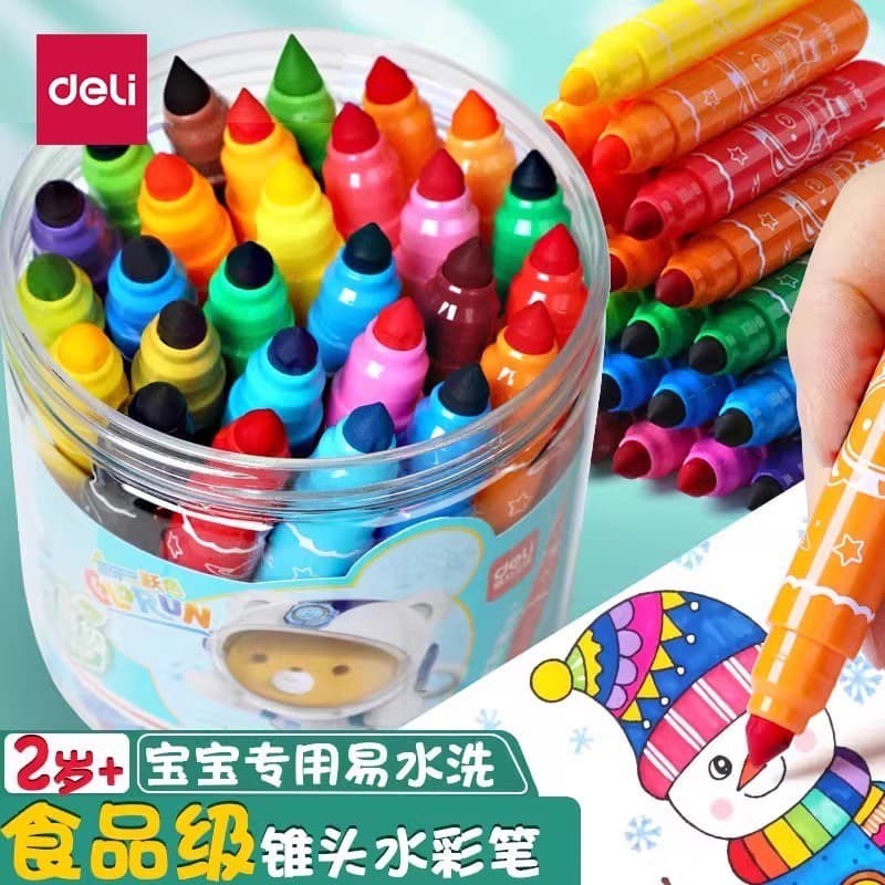 Deli Conjunto de canetas aquarela infantis de 24 cores para jardim de infância Pincel lavável para bebês Alunos da escol