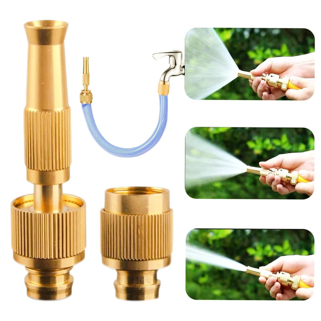 Pistola Spray de Água para Mangueira com Alta Pressão, Bico de Bronze e Ponta de Cobre Ajustável