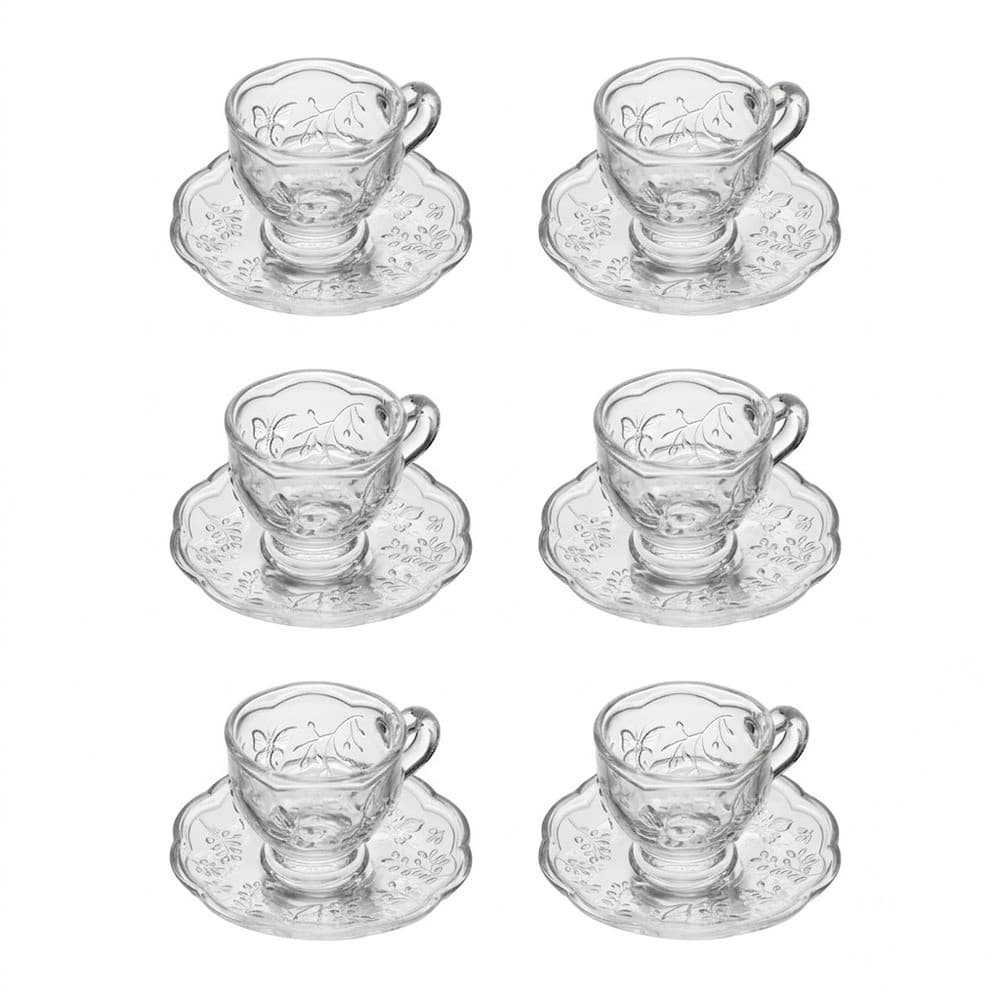 Cj 6 Xícaras P/Café C/Pires de Cristal New Butterfly Transparente 80ml Lyor