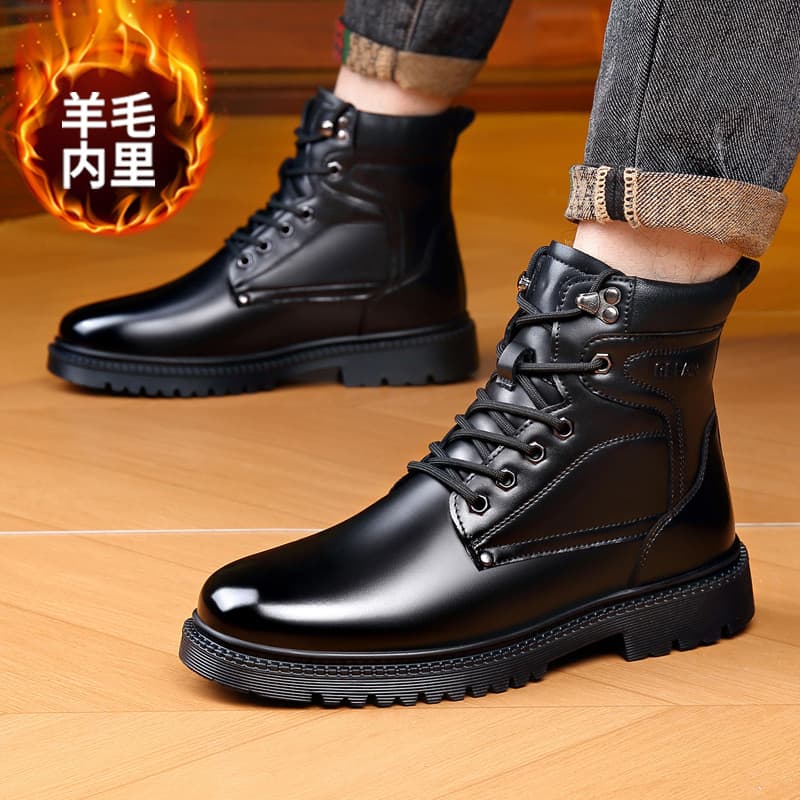 Estilo britânico couro genuíno Martin botas masculinas inverno de alta qualidade lã integrada quente botas gerais preto