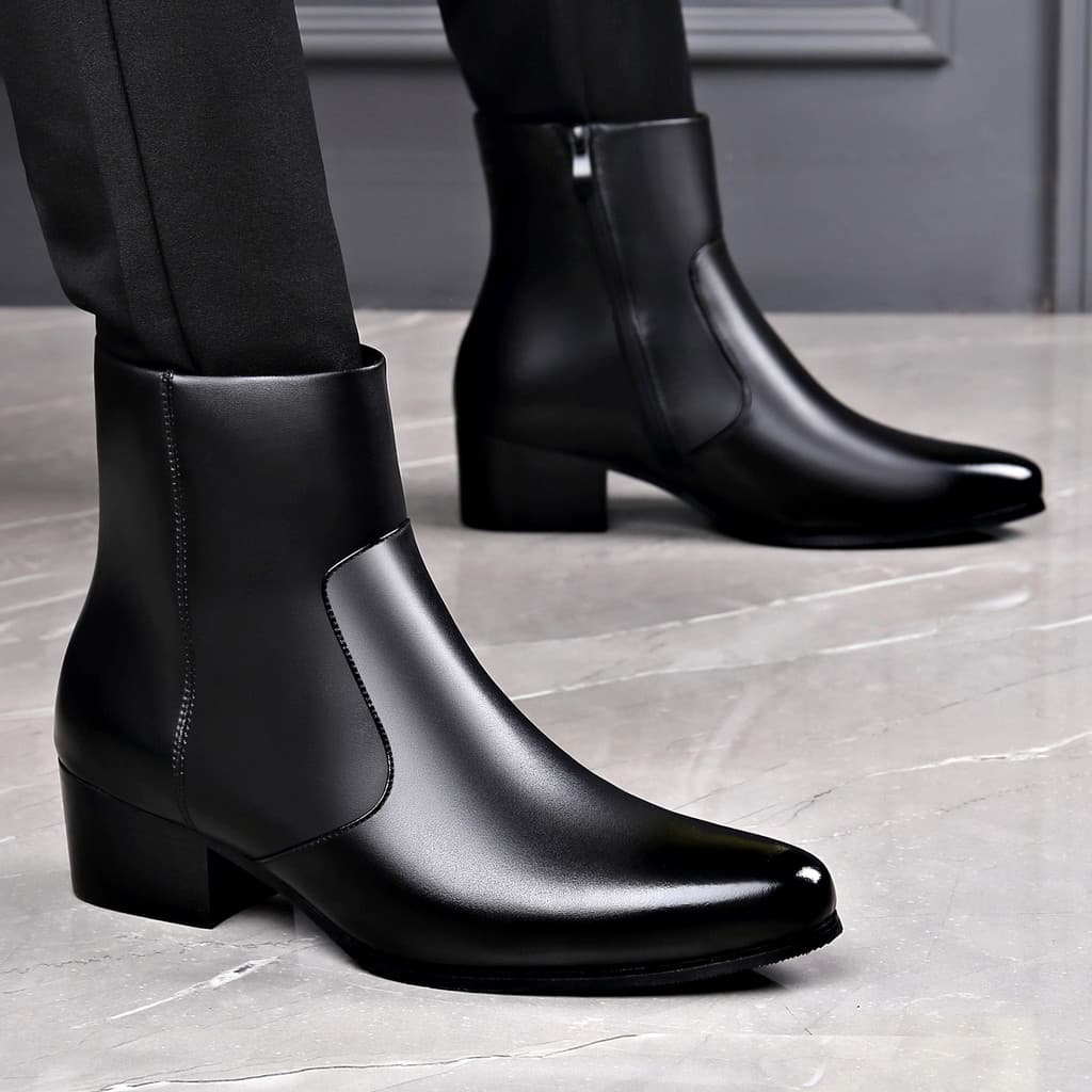 Martin botas de couro genuíno masculino tubo médio apontou Toe zíper estilo britânico quente aumentando botas de couro a