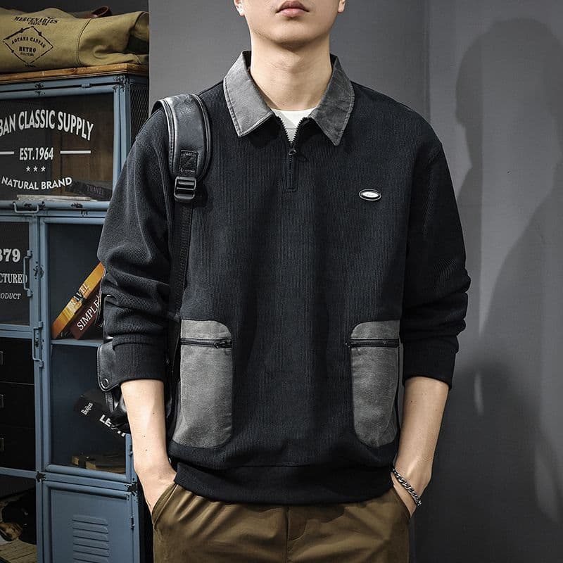 Americano meio zíper gola alta moletom de manga comprida masculino outono novo estilo solto Casual All-