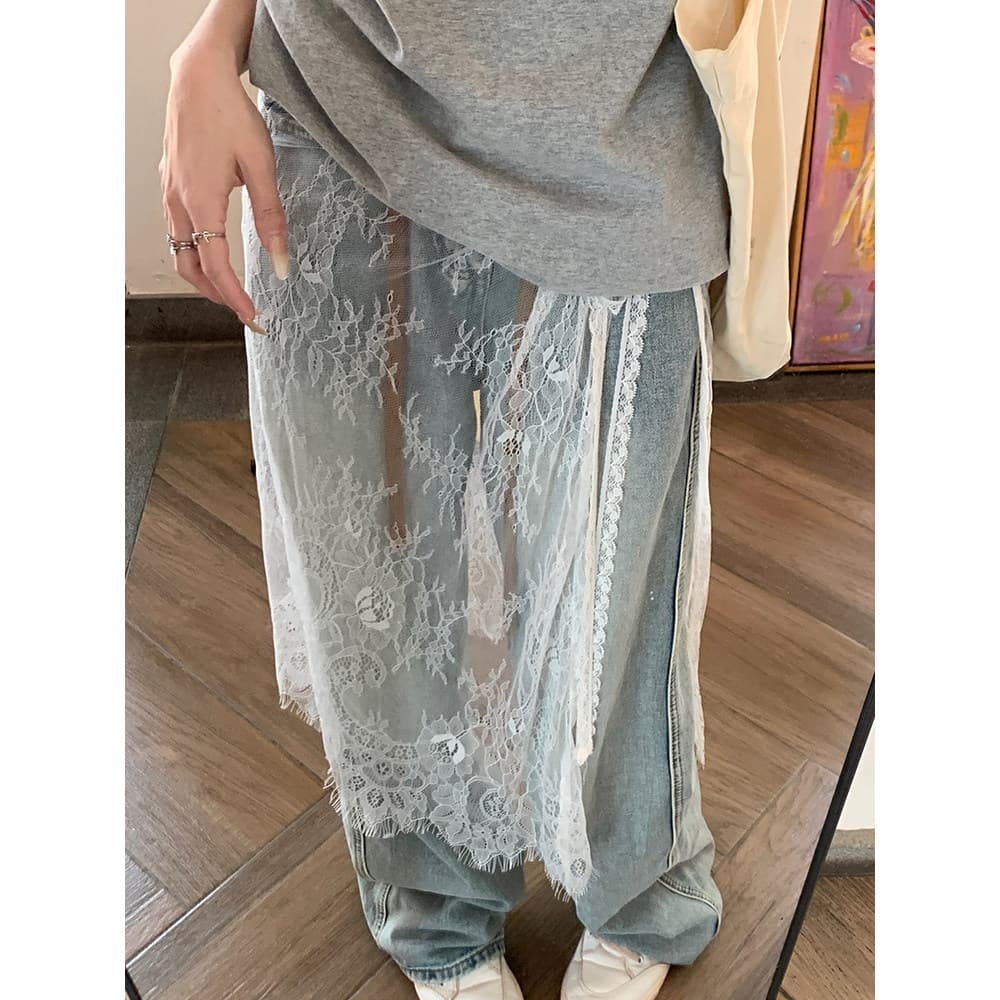 Primavera verão novos produtos nicho Design em camadas saia geral renda bunda cortina feminina All-Match Tether avental