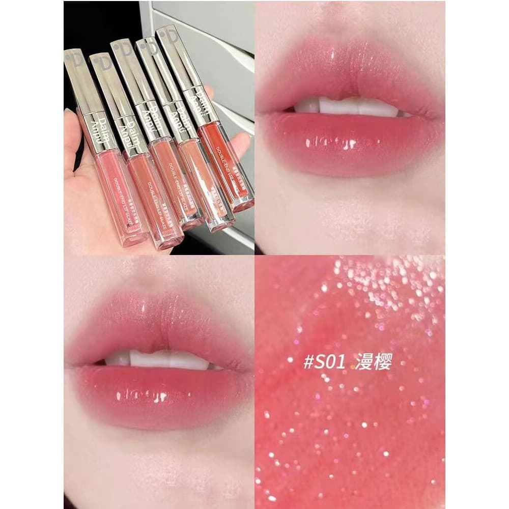 Brilho labial de duas cabeças espelho brilho de água óleo labial brilho labial de longa duração cor fixa batom gloss lab
