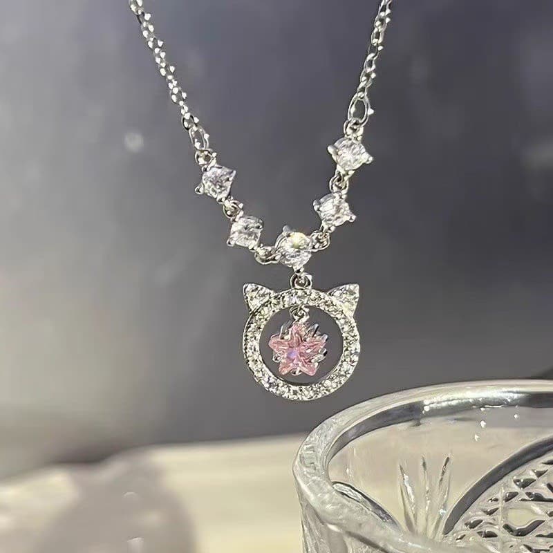 Colar De Gatinho De Diamante Rosa Com Conjunto Oco Feminino Doce E Versátil Corrente De Clavícula Da Moda