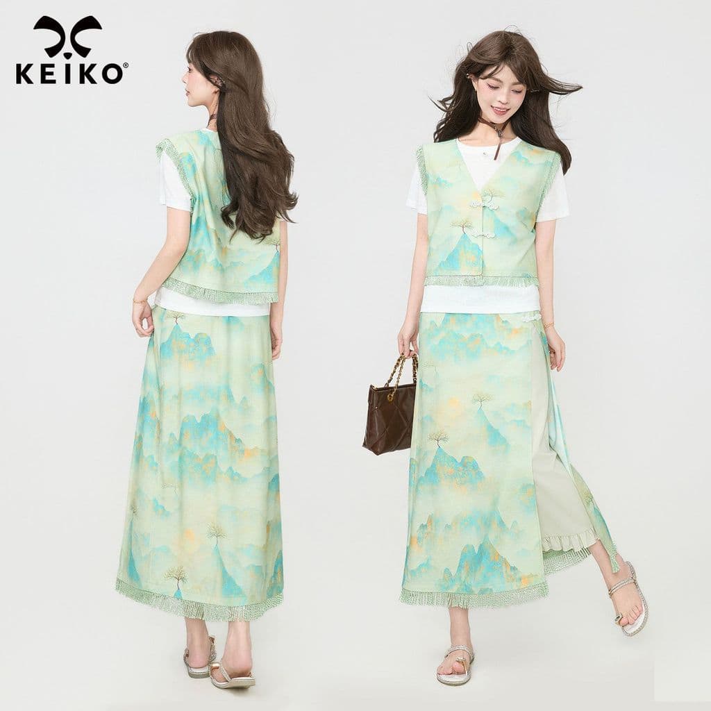 [Novo produto] Oriental Yayun terno de cetim macio verão novo estilo chinês sem mangas colete + saia dois conjuntos [ven