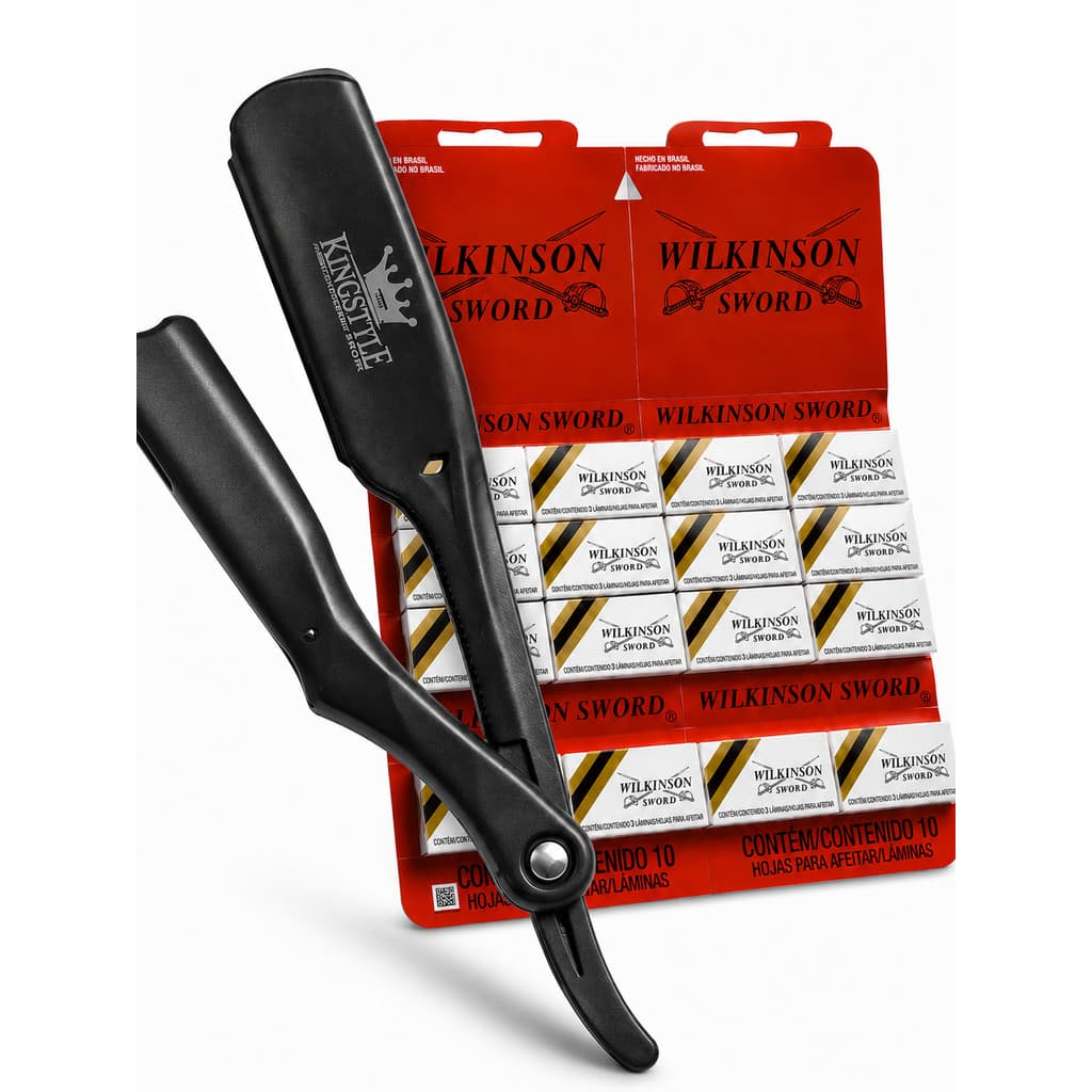 Kits Barbeiro NAVALHETE DE PRESSÃO + 60 LAMINAS gilete wilkinson, 30un /3un - NAVALHTE Profissional Ultra Leve KINGSTYLE