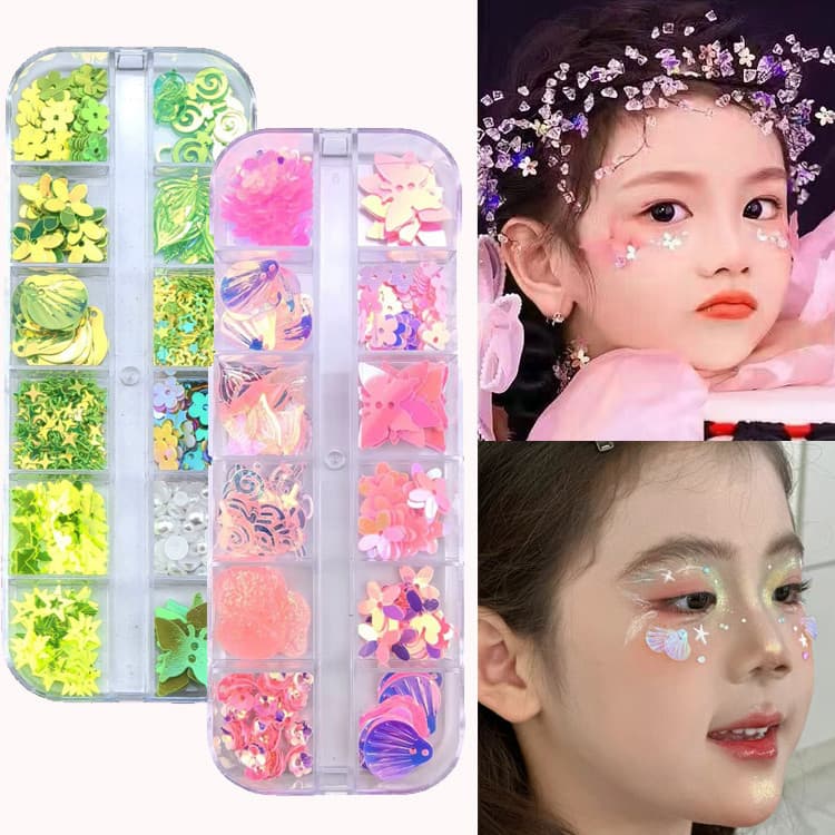 Crianças palco maquiagem lantejoulas Glitter strass concha pequena flor estrela arco rosto decoração escala de peixe