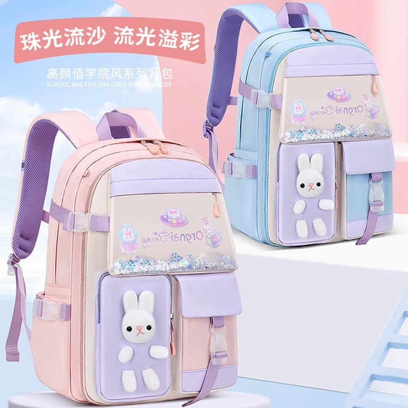 Mochila feminina estudantes do ensino fundamental Campus Glitter dos desenhos animados coelho meninas Ultra-leve proteçã
