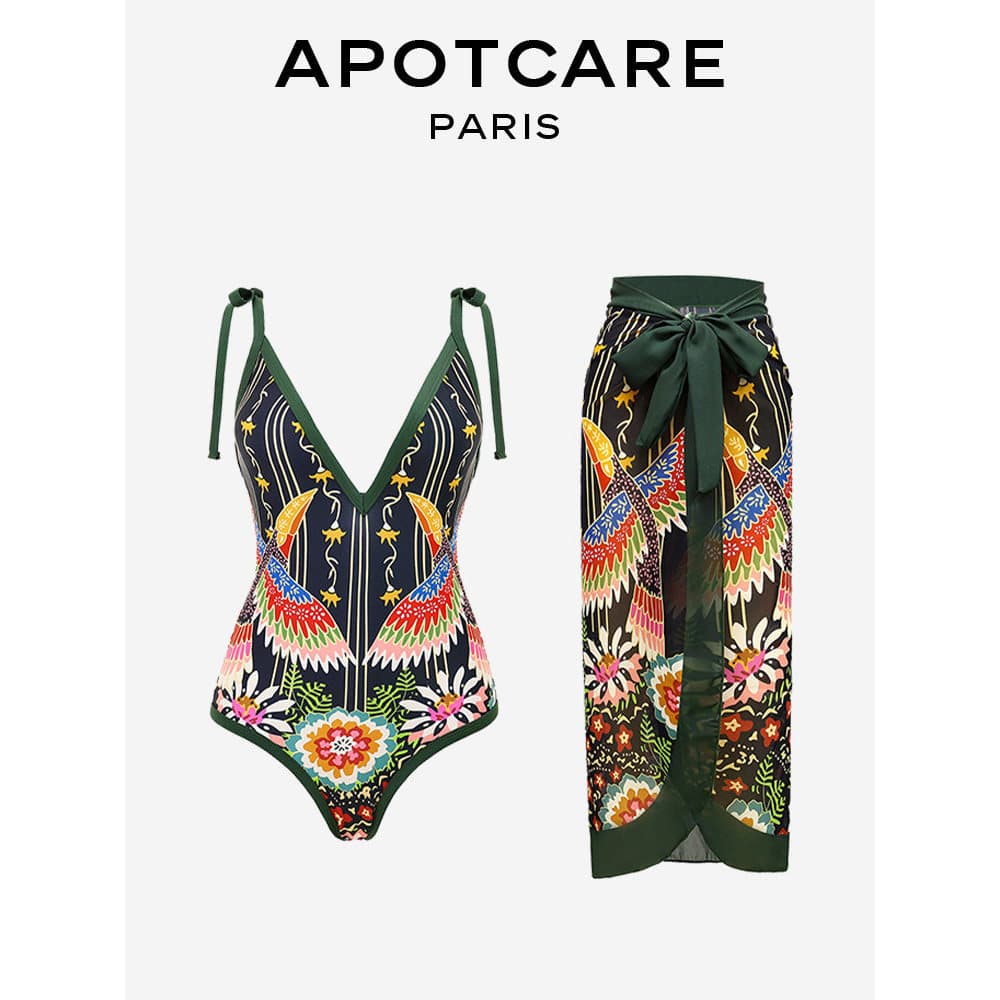 Francês APOTCARE 2025 Novo Estilo Maiô de Uma Peça Biquíni Feminino Lace-Up Maiô Terno Saia Longa Chiffon