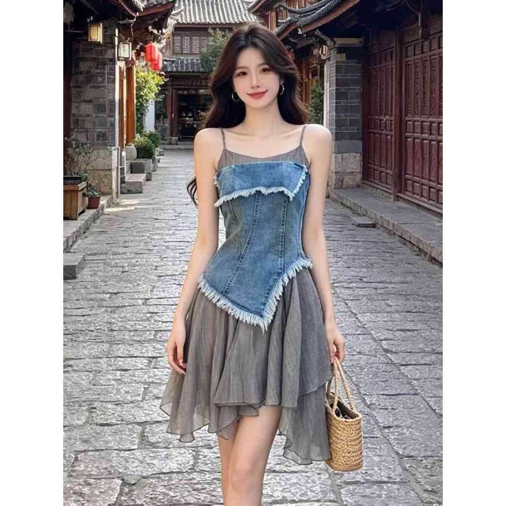 Denim tubo superior estilingue vestido de duas peças feminino pequeno verão borda crua colete superior sem mangas saia t