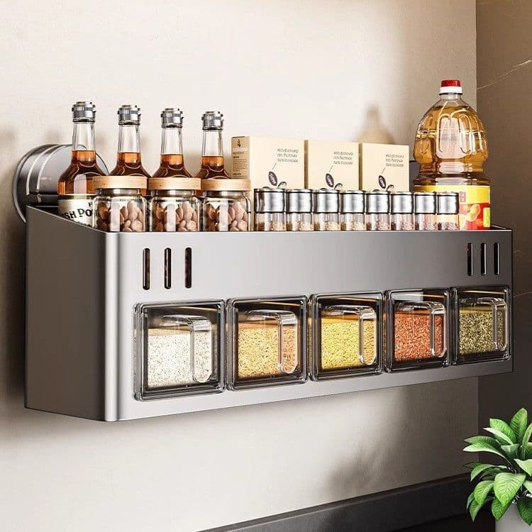 Suporte de temperos para cozinha com ventosa, ferramenta multifuncional de armazenamento de sal e condimentos montada na