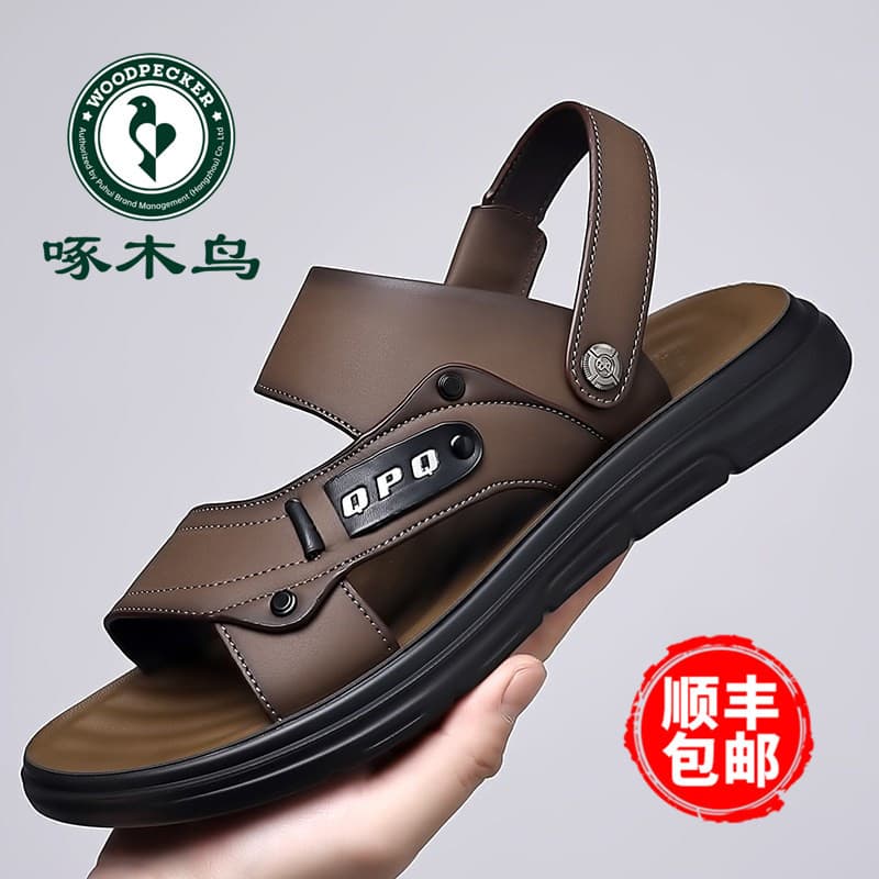 Woodpecker sandálias de couro masculino verão novo estilo Casual sapatos de praia látex sola macia antiderrapante sandál