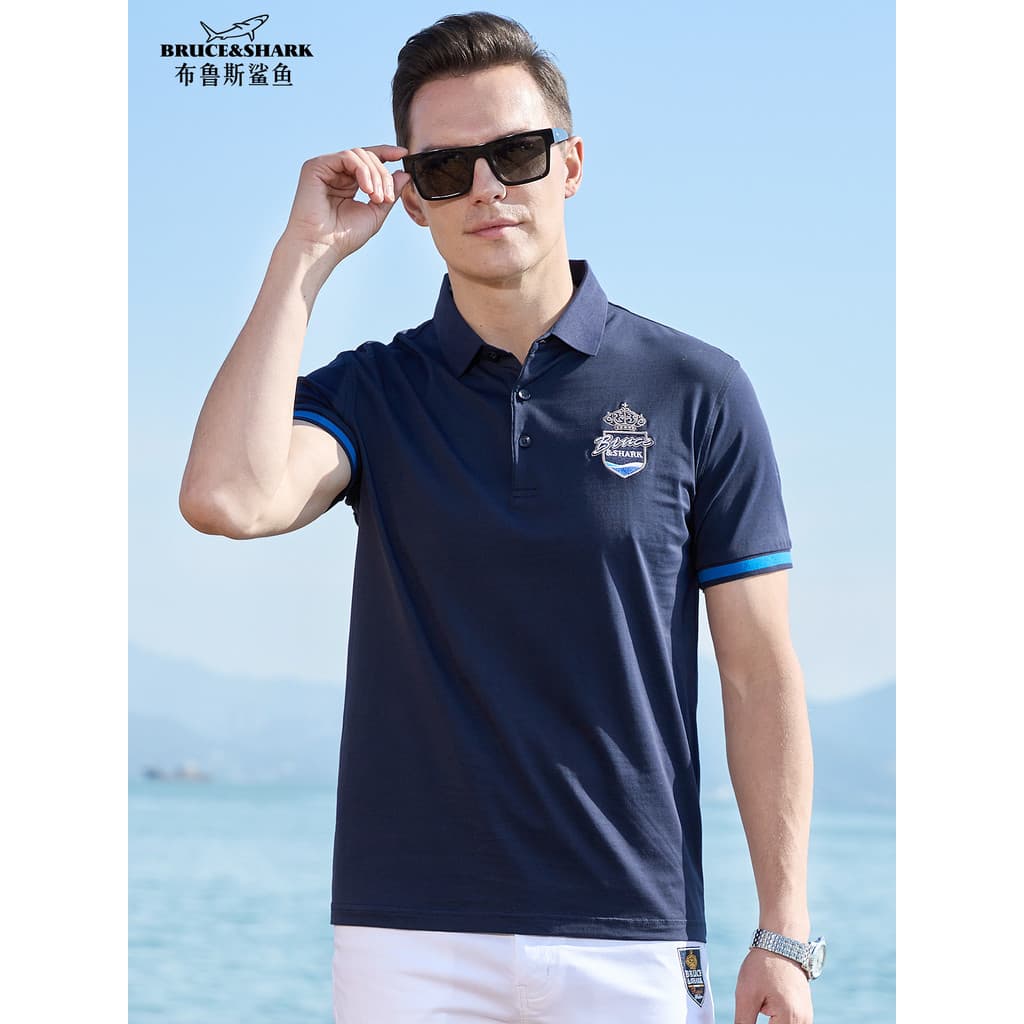 Verão novo estilo camisa Polo masculina de manga curta camiseta Bruce Shark Street Wear bordado solto tamanho grande cam