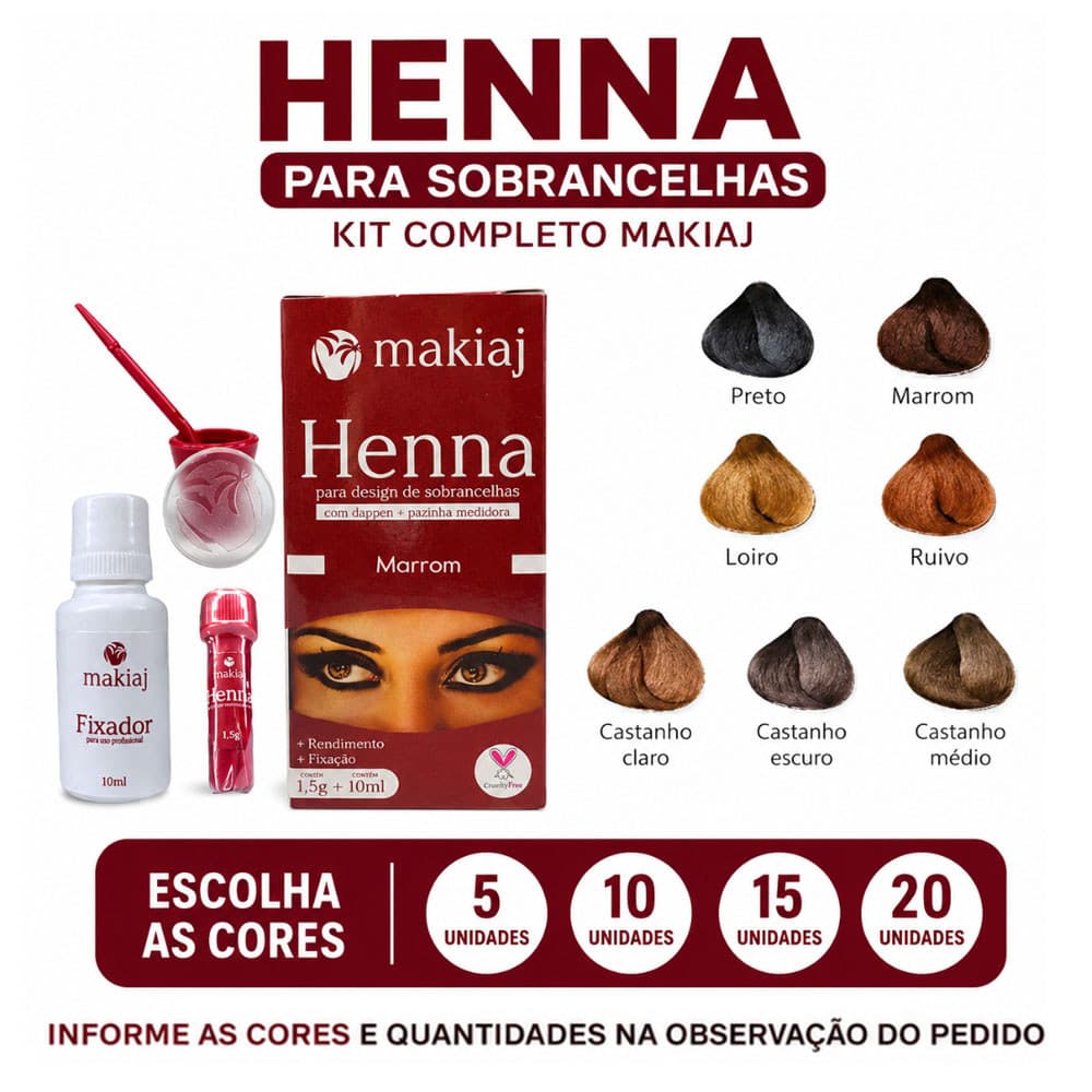 Kit Henna Makiaj 1,5g + Fixador 10ml | Cor Personalizada | Design de Sobrancelhas | 5, 10, 15 ou 20 Unidades