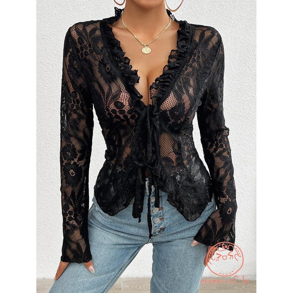 Lindas Blusas Femininas de Renda Manga Longa Casuais Transparentes Básicas com Laço Frontal 4971 0741