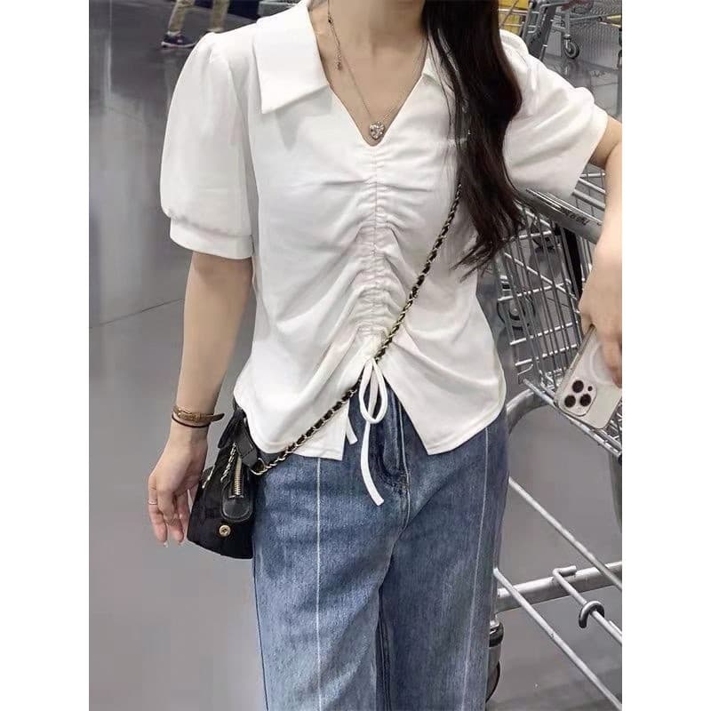 Tamanho grande cordão com decote em V manga Puff verão 2026 novo estilo doce quente menina estilo fino-ajuste mais magro