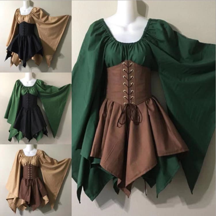 Cross-Border novo estilo trompete manga comprida Medieval renascentista vestido costura saia longa uma peça transporte