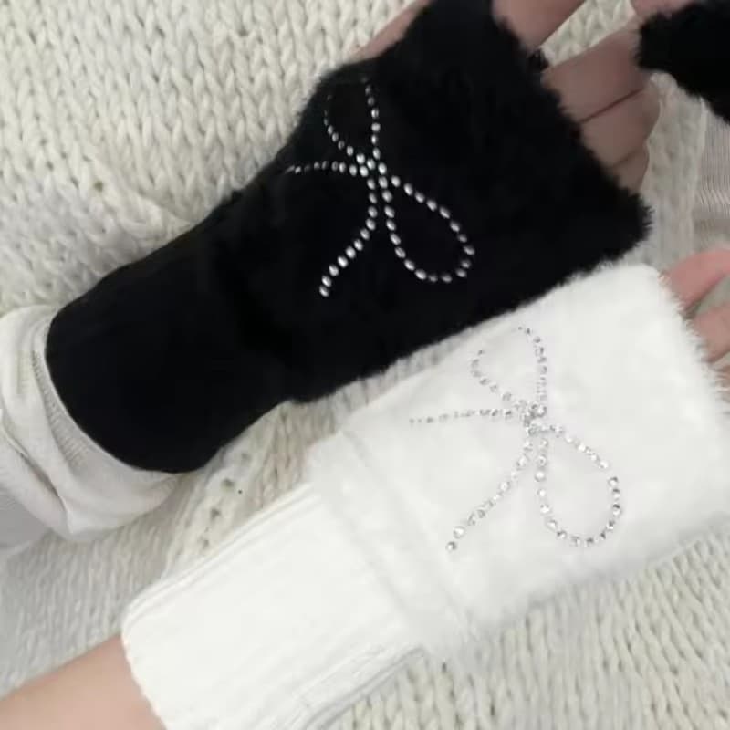 [Guudu] Luvas De Pelúcia De Malha Com Strass E Laço – Para Ciclismo Ao Ar Livre , Esqui Sem Dedos Suporte Pulso Y2K , Ca