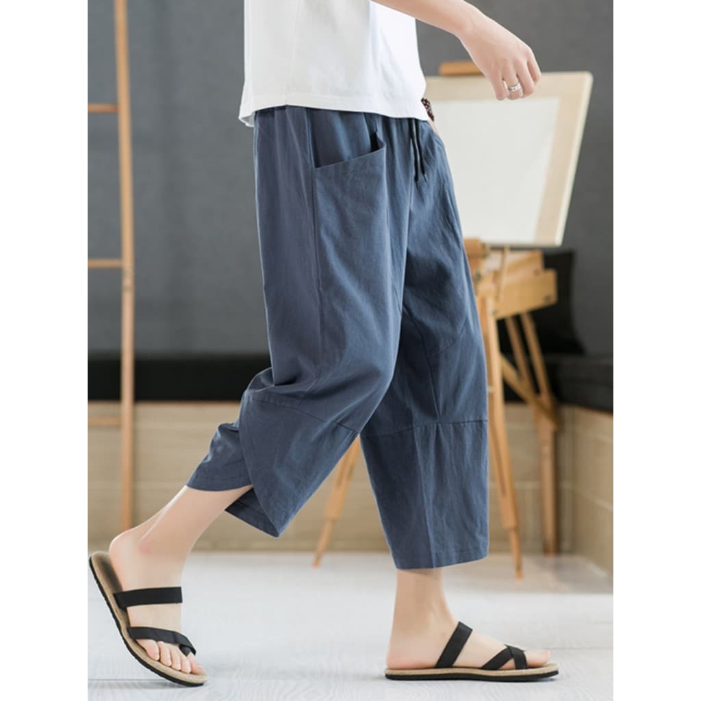 Calças cortadas masculinas verão Shorts de linho fino calças casuais tamanho grande solto calças de perna larga algodão