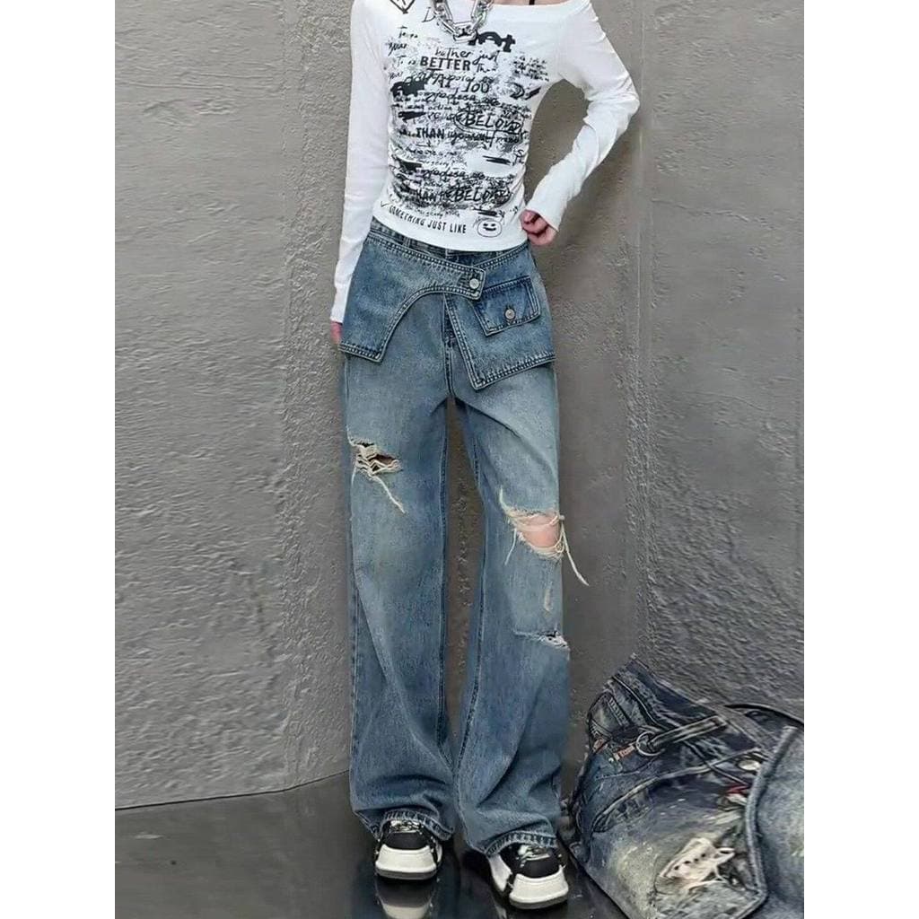 Americano Retro rasgado calças de perna larga feminino verão 2026 novo estilo Design solto mais magro olhar elegante cal
